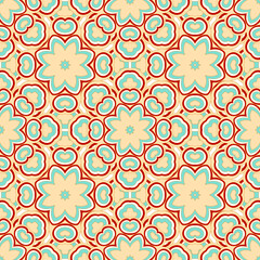 Vector seamless background with flowers. Round pattern. Endless colorful texture with doodle elements. Use for wallpaper, textile, book cover, clothes. In blue, red, yellow colors
