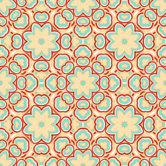 Vector seamless background with flowers. Round pattern. Endless colorful texture with doodle elements. Use for wallpaper, textile, book cover, clothes. In blue, red, yellow colors
