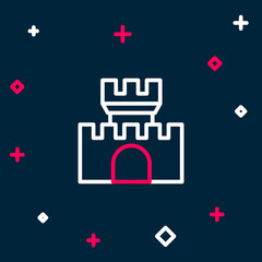 Line Castle icon isolated on blue background. Medieval fortress with a tower. Protection from enemies. Reliability and defense of the city. Colorful outline concept. Vector