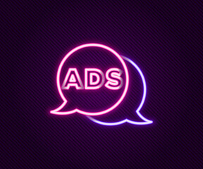 Glowing neon line Advertising icon isolated on black background. Concept of marketing and promotion process. Responsive ads. Social media advertising. Colorful outline concept. Vector