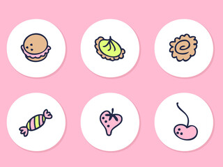 Story highlight icons set of sweets and berries. Logo design for cafes and bakeries. Hand drawn vector illustration.
