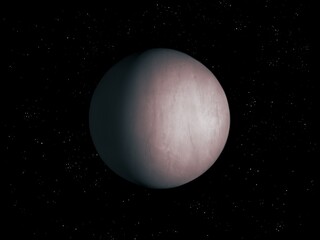 Realistic alien planet. Exoplanet with atmosphere and solid surface in space with stars. 