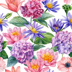 Fotobehang  Botanical pattern. Hand drawn watercolor seamless pattern with flowers. Hydrangea, lily, anemone and buttercups © Hanna