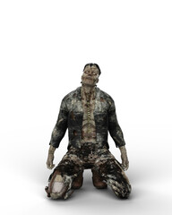 3D rendering of a fantasy horror story undead monster kneeling isolated on a white background.