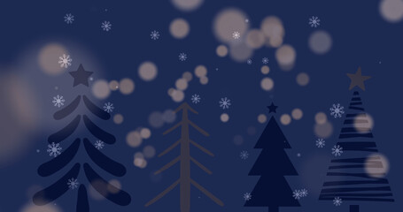 Image of snow falling over fir trees on dark background