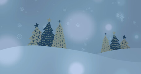 Image of snow falling over fir trees in winter scenery