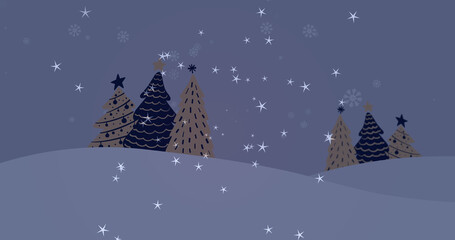 Naklejka premium Image of stars falling over fir trees on dark background