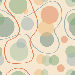 Colored background with circles and circles and smooth lines, flat cartoon drawing seamless. Contemporary design for fabric, packaging and wallpaper.