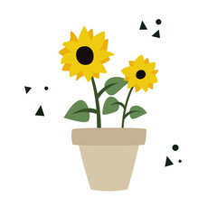 Sunflower yellow flower in flowerpots. Flat vector illustration