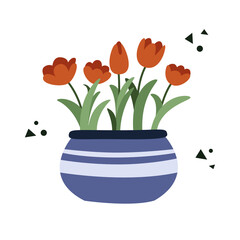 Red tulips in a pot. Flat vector illustration