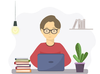 A schoolboy, student sitting at the the desk with laptop, online education concept, flat vector illustration