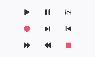 Obraz premium Icons-of-play,-pause,-stop,-start,-record,-previous-track,-next-track,-rewind-for-mobile-and-website.-Multimedia-icons-set-on-transparent-background
