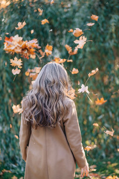 Back view of a young woman trowing leaves in the air, autumn nature background. People, lifestyle, travel and vacation