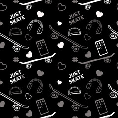 Vector Dark Illustration of Cool Board, Headphones and Phone. Skateboarding Seamless Pattern with Cartoon Skateboard and Heart. Line Art Style Skate on Black Color Background