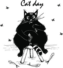 Cat Day. A big fat cat, eating fish. Doodles, drawing, vector