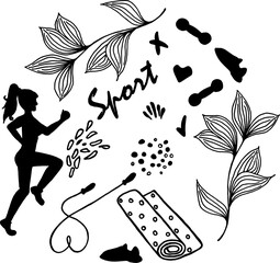 Set of elements Sports doodles, yoga, aerobics, running, vector