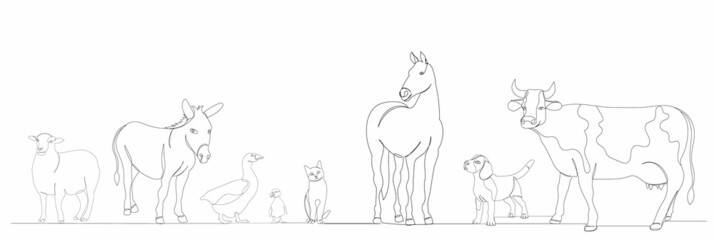 pets drawing by one continuous line, vector
