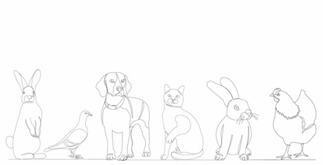 animals dog, cat, chicken, rabbit one continuous line drawing, vector