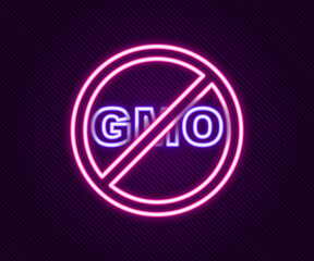 Glowing neon line No GMO icon isolated on black background. Genetically modified organism acronym. Dna food modification. Colorful outline concept. Vector