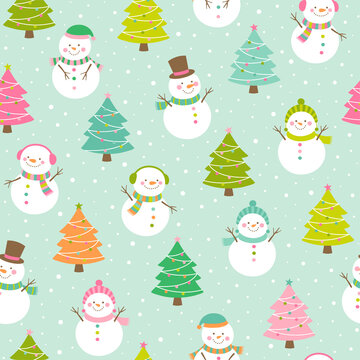 Cute snowman and christmas tree seamless pattern background