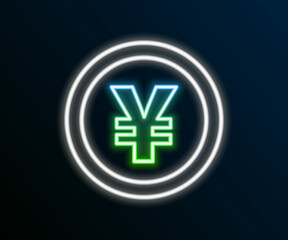 Obraz premium Glowing neon line Chinese Yuan currency symbol icon isolated on black background. Coin money. Banking currency sign. Cash symbol. Colorful outline concept. Vector