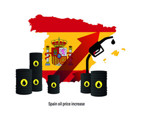 Spain oil price increase. Spain map and oil barrels. editable vector illustration.
