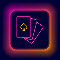 Glowing neon line Deck of playing cards icon isolated on black background. Casino gambling. Colorful outline concept. Vector