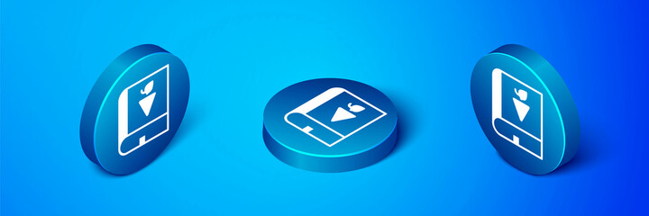 Isometric Book about grapes icon isolated on blue background. Blue circle button. Vector