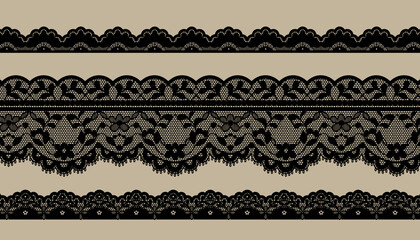 Set Of Black Lace Trim Vectors. Jacquard Mesh Lace Fabric. - obrazy, fototapety, plakaty