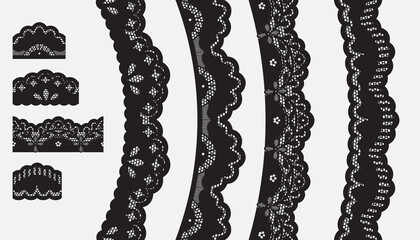 Set Of Black Lace Trim Vectors. Jacquard Mesh Lace Fabric. - obrazy, fototapety, plakaty