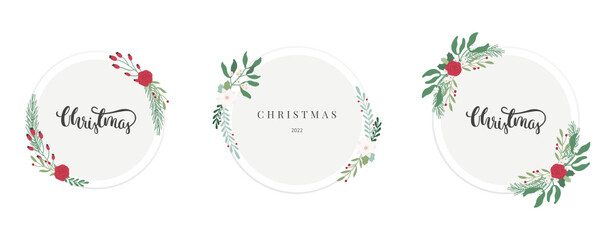 Circles with hand drawn calligraphy - Christmas - decorated with winter bouquets. Flat trendy illustrations of branches and leaves, pretty vector design. Can also be used for wedding decorations. 