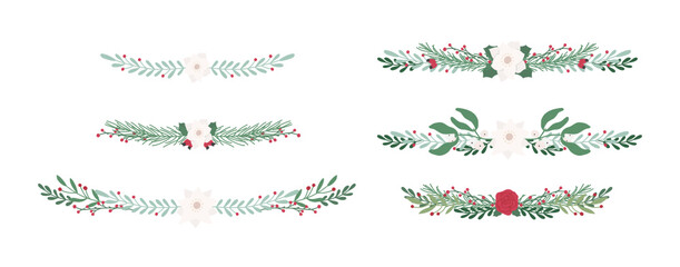 Collection of beautiful Christmas borders and dividers. Pretty modern flat illustrations - flowers, branches, leaves, berries. Vector decorations isolated on white background.