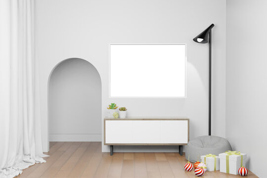 3d rendering illustration of frame poster mockup in modern interior background in christmas new year theme