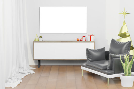 3d rendering illustration of LCD TV screen mockup in modern interior background in christmas new year theme