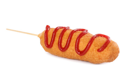 Delicious deep fried corn dog with ketchup isolated on white