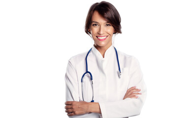 Fototapeta premium Attractive female doctor portrait while standing at isolated white background