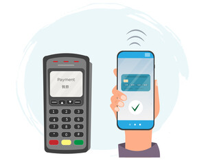 A hand with mobile phone paying by NFC at POS terminal, contactless payment, flat vector illustration