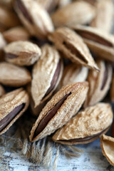Selective focus. Macro. Almonds in a shell.