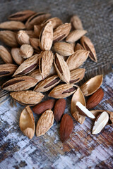 Selective focus. Macro. Almonds in a shell.
