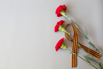 9th May. red carnations and St. George ribbon. free space for text