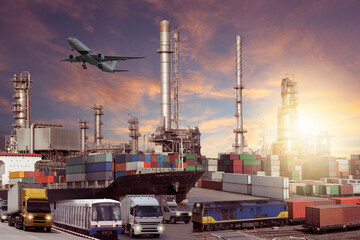 cargo plane flying above container dock and ship port use for transportation and freight logistic...