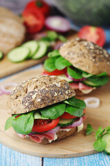 Homemade sandwiches with ham and vegetables