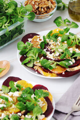 Beetroot and oranges fresh vegetarian salad
