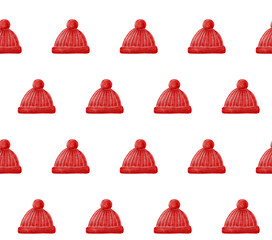 Watercolor winter red hats on white background. Christmas holiday seamless pattern 