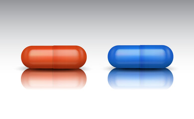 Vector realistic blue and red capsule pills with reflection