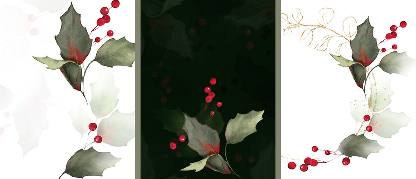 Christmas invitation design. Watercolor postcard for holiday. Berries, gold and herbs