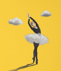 Modern design, contemporary art collage. Inspiration, idea, aspiration and fantasy, dreams. Graceful ballerina dancing among clouds. © master1305