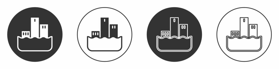 Black Award over sports winner podium icon isolated on white background. Circle button. Vector