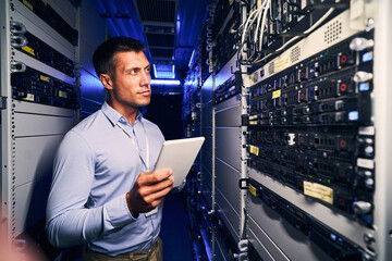 Concentrated tranquil system administrator inspecting networking equipment - obrazy, fototapety, plakaty