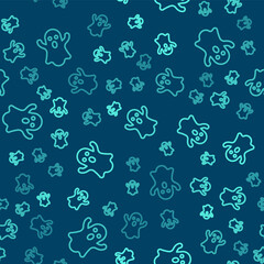 Green line Ghost icon isolated seamless pattern on blue background. Happy Halloween party. Vector